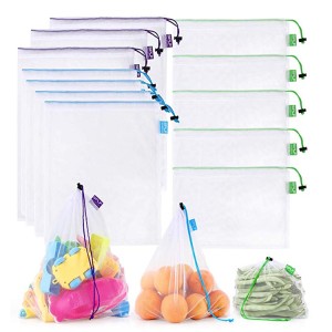 Reusable Grocery Mesh Bags Washable Fruit Vegetable Product Net Bags with Drawstring
