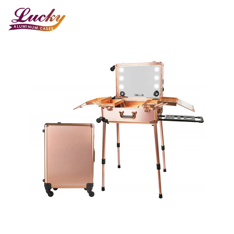Rolling Makeup Train Case With LED Light Travel Portable Cosmetic Rose Gold  Trolley Case