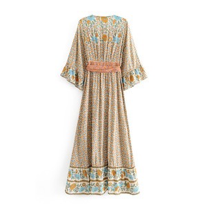 Sexy v neck long sleeve maxi button up flower printed summer bohemian clothing dress with belt