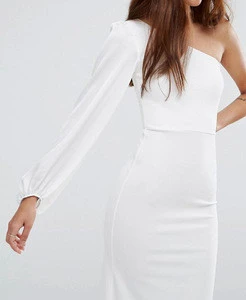 sexy women one shoulder fishtail white maxi prom dress