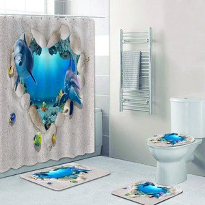 skin-friendly flannel anti-slip mat floor washable Heart Shaped Dolphin  shower curtain carpet Four-piece bathroom set