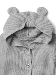 Soft Long Sleeves Hood Bear Ear Front Button Two Plockets Ribbed Trim Garter Knitting Baby Sweater