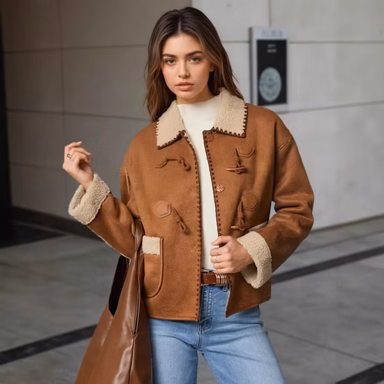 2025 New Fur All-in-One Short Coat Womens Autumn/Winter Horn Buckle Thick and Fleece Short Jacket