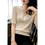spring/Summer New Womens Mid-sleeve shirt V-neck trendy half knitwear short sleeve age-reducing loose thin