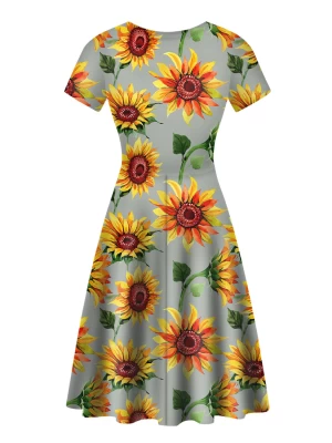 Sunflower Print Summer Fashion Women Dress Elegance Long Dresses Woman Short Sleeve O-neck Beach Dresses