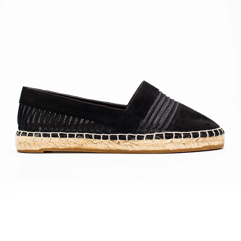 The lady popular fashion mesh material solid stripe microfiber comfortable insole espadrilles flat shoes