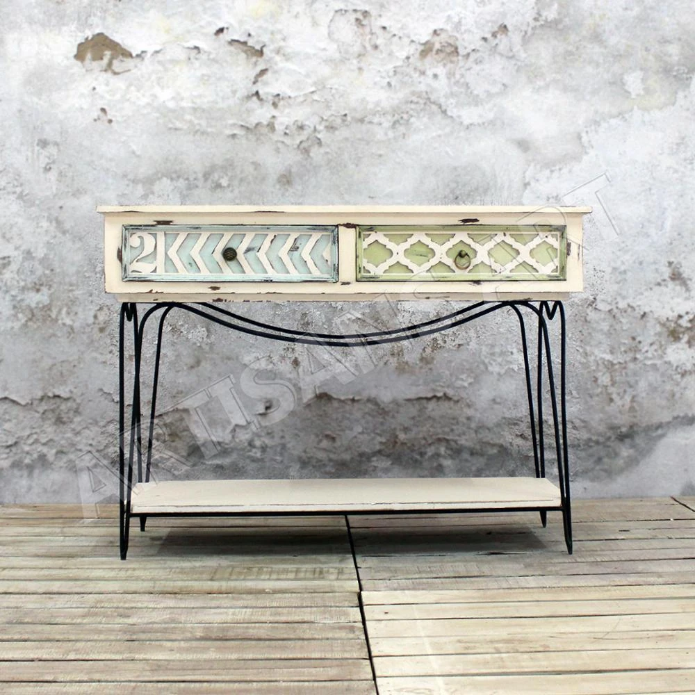 Vintage Modern Wood Metal French Style 2 Drawer Console Table, Antique Shabby Chic Console Table, New French Collection