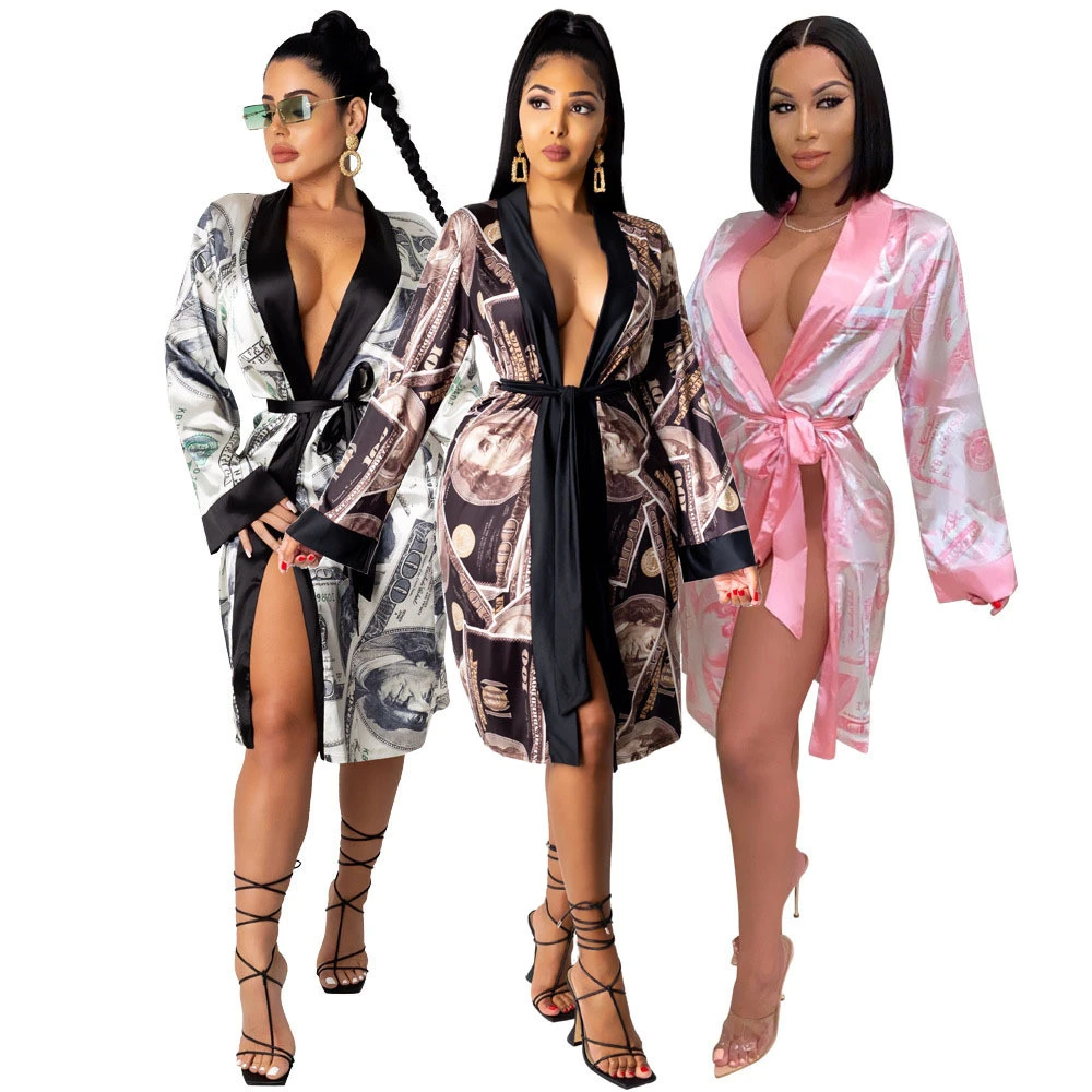 Wholesale CUSTOM Dollar Printed Loose Girl Bathrobe Fashion Women Satin Robe Long Sleeve Ladies Night Robe Adult Bathrobes