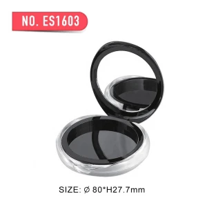 wholesale empty black round compact powder packaging with mirror blush powder case compact powder container