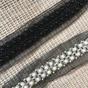 wholesale hand-beaded lace ribbon sewing diamond mesh 2 row pearl banding clothing collar home textile curtain DIY accessories