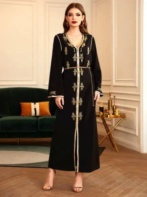 Wholesale Luxury Diamond Beaded Ethnic Kaftan Dress Dubai Turkey Arabic Muslim Eid Avocado Abaya Islamic Women Clothing