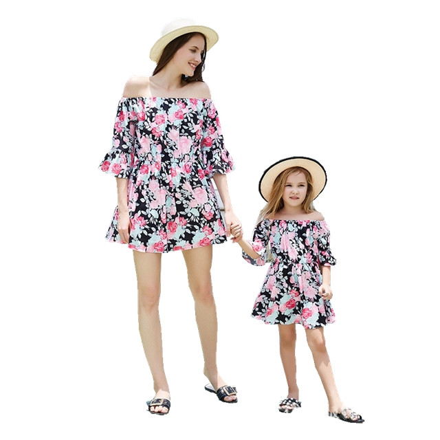 Wholesale Summer Vacation Floral Print Mother And Daughter Matching Outfits
