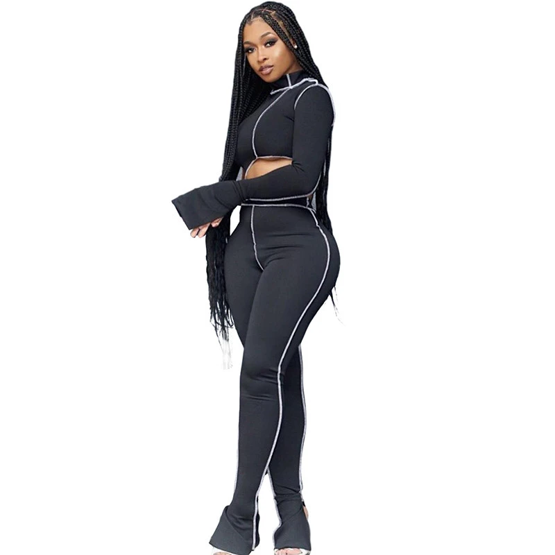 women black striped sportswear long sleeves crop top 2 pieces irregular sports set