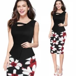 Womens Autumn Elegant Chic Floral Button Casual Work Tunic Dresses Tunic 3/4 Sleeves Patchwork Bodycon Office Work Dress