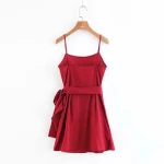 Womens solid color Spaghetti Strap lotus leaf lace short red dress
