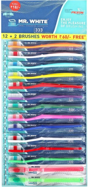 Mr.  White 333 Soft Toothbrush ( Pack of 12 + 2, Multicolor )