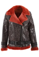 Women's Shearling Belted Biker Jacket, Cracked Brown with Coral Wool