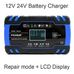 FOXSUR Car Motorcycle Battery Charger 12V 8A 24V 4A Smart Fast Charging