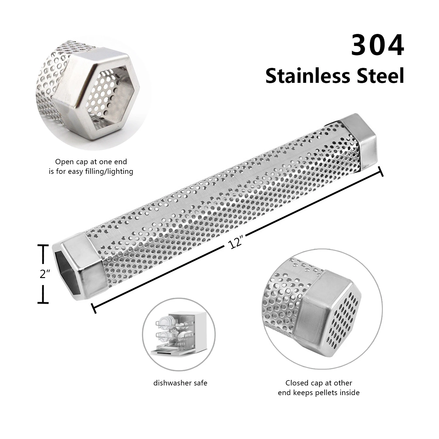 12" Hexagon Stainless Steel Portable Hot or Cold Smoking Tube BBQ Pellet Smoker tube