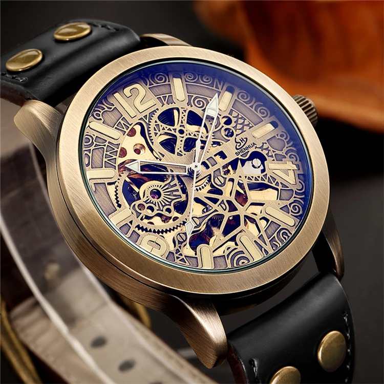 2019 Fashion Vintage Watch Men Mechanical Watch Retro Bronze Automatic Mechanical Skeleton Watch Reloj Hombre Shenhua 09