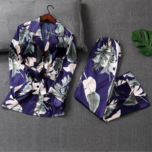 2019 printed Women sleepwear two pieces long satin pajama sets girls sleepwear