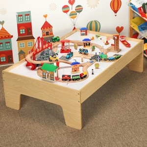 2020 New design non-toxic wooden train track sets toys with desk shipping port with crane tunnel