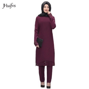 2020 Spring New Stylish Middle East Islamic Clothing Muslim Women Long Sleeve Unlined Crepe Tunic Pants 2 Piece Suit