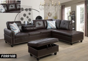 3-Pieces Sectional Sofa Set with build-in coffee table, Ottoman and 2 Square Pillows,  Right Facing Chaises (B version)