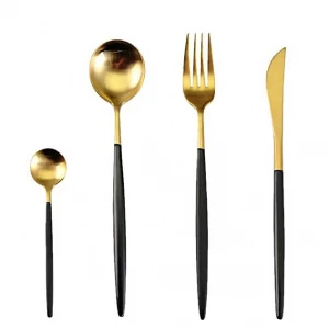 4-Piece Stainless Steel Cutlery 18/10 Flatware Set Gold Cutlery Set with Black Handle Knife Spoon Fork Tea Spoon Silverware Set