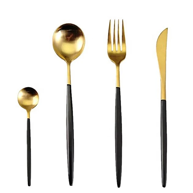 4-Piece Stainless Steel Cutlery 18/10 Flatware Set Gold Cutlery Set with Black Handle Knife Spoon Fork Tea Spoon Silverware Set