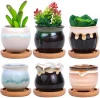 6 Pcs 2.5 Inches Mini Ceramic Succulent Plant Pots with Bamboo Trays Flower Pots for Small Plants and Decorative