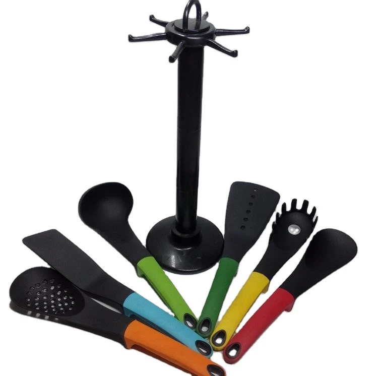 6 Pcs Cooking Tools Utensils Rainbow Handle Carousel Holder Nylon Kitchen Utensil Set With Rotating Stand