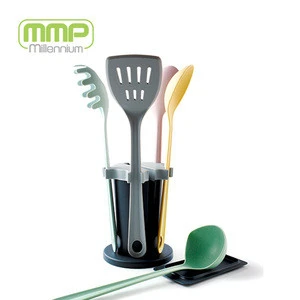 7-piece simple design Nylon kitchen tools set with carousel rotating utensil holder and spoon rest mmp