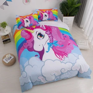 Amazon Hot sale cheap wholesale 3D Cartoon unicorn design digital print duvet cover and pillowcase for children bedding set