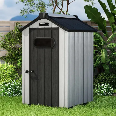 Aoxun Durable 3.8 x 4.0 FT Resin Outdoor Storage Shed Grey Utility Tool Shed with Metal & Wood Frame Easily Assembled Garden Use