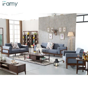 Blue color fabric sofa living room 1+2+3 walnut color wooden sofa set
