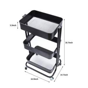 carbon steel baking varnish coating Mesh 3 tiers espresso kitchen serving vegetable storage Trolley cart with wheel