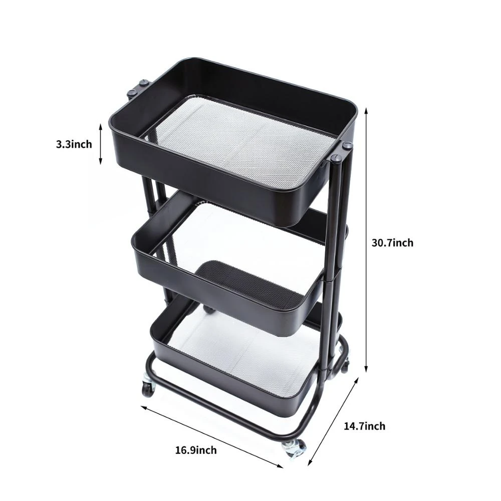 carbon steel baking varnish coating Mesh 3 tiers espresso kitchen serving vegetable storage Trolley cart with wheel