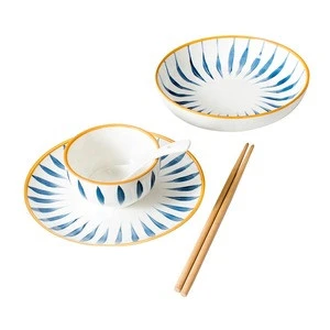 Ceramic 4-Piece Kitchen Dinnerware Set Plate Bowl Spoon Hand-paint Blue and White Tableware Set