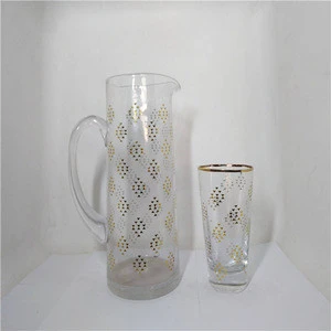 custom handblown clear colored etched drinking glass water jug set with handle