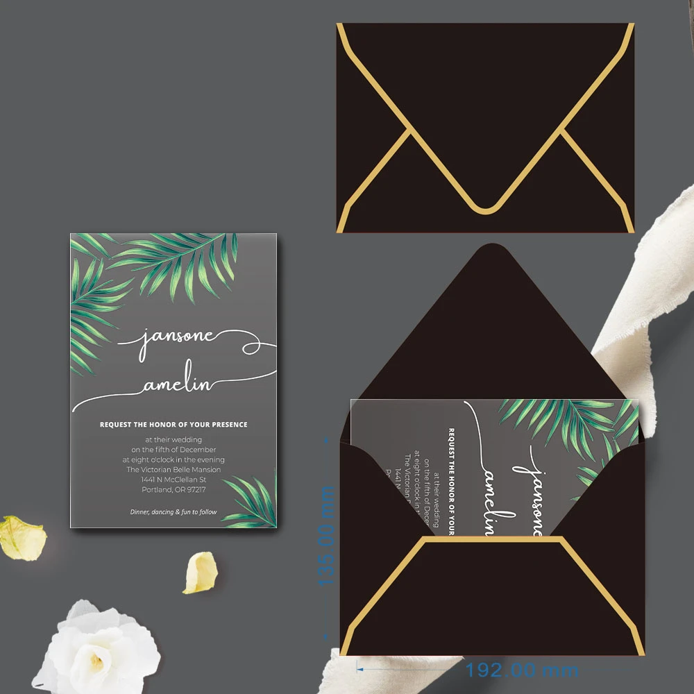 Custom UV Printing Clear Acrylic Wedding Invitation Card with Foiling Envelope