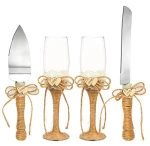 Custom wholesale luxury wedding Jute Handles champagne coupe glass long cake cutting knife cutter saw and pie server set