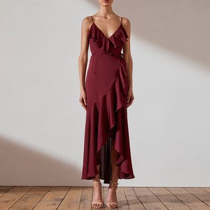 Custom Women Luxury & Noble Burgundy V-neck Highwaist Frill Wrap Maxi Cocktail Dress