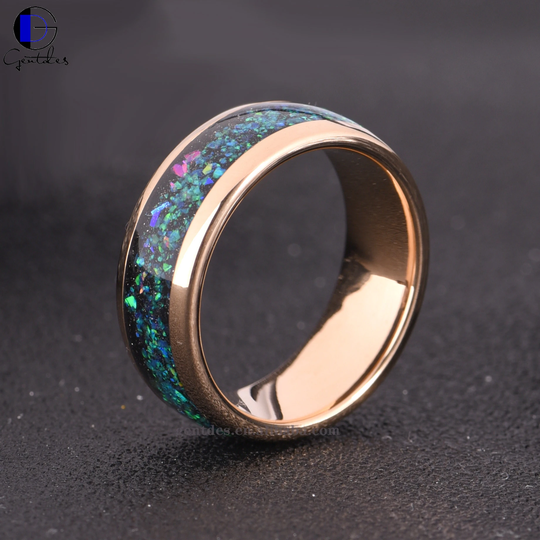 Customized IP Gold Tungsten Galaxy Series Mens Ring Inlay Colourful Opal Wedding Band