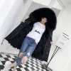 Detachable Fur Trim Women Real Warm Raccoon Fur Parka Jacket Hooded Coat