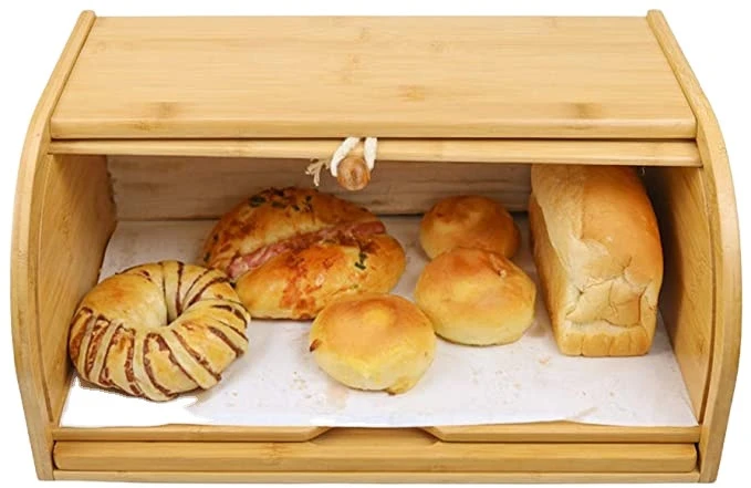 Eco-friendly Natural Bamboo Kitchen Counter Food Storage Bread Box Top Bamboo Storage Bin with Rolling Lid