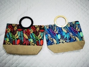 Eco-friendly printed fabric and jute fabric fashion lady handbag