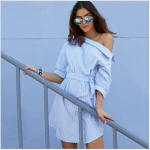 fall autumn women dress blue striped shirt ladies dress mini  side split half sleeve office dresses plus size sundress 3xl