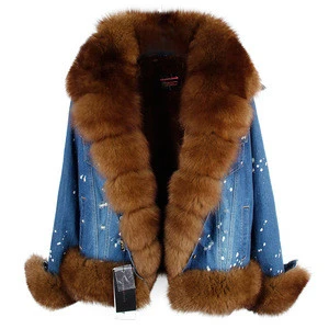 Fashion removable fur coat jean winter jacket girl fur  jean jacket