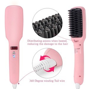 Fast Electric Smooth Brush Ceramic Hair Straightener Comb Flat Iron With Led Straight Brush
